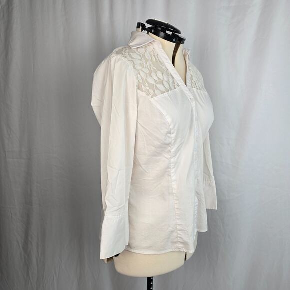 Signature by Larry Levine Button Down Blouse Women's L White Lace Accent - Picture 8 of 16